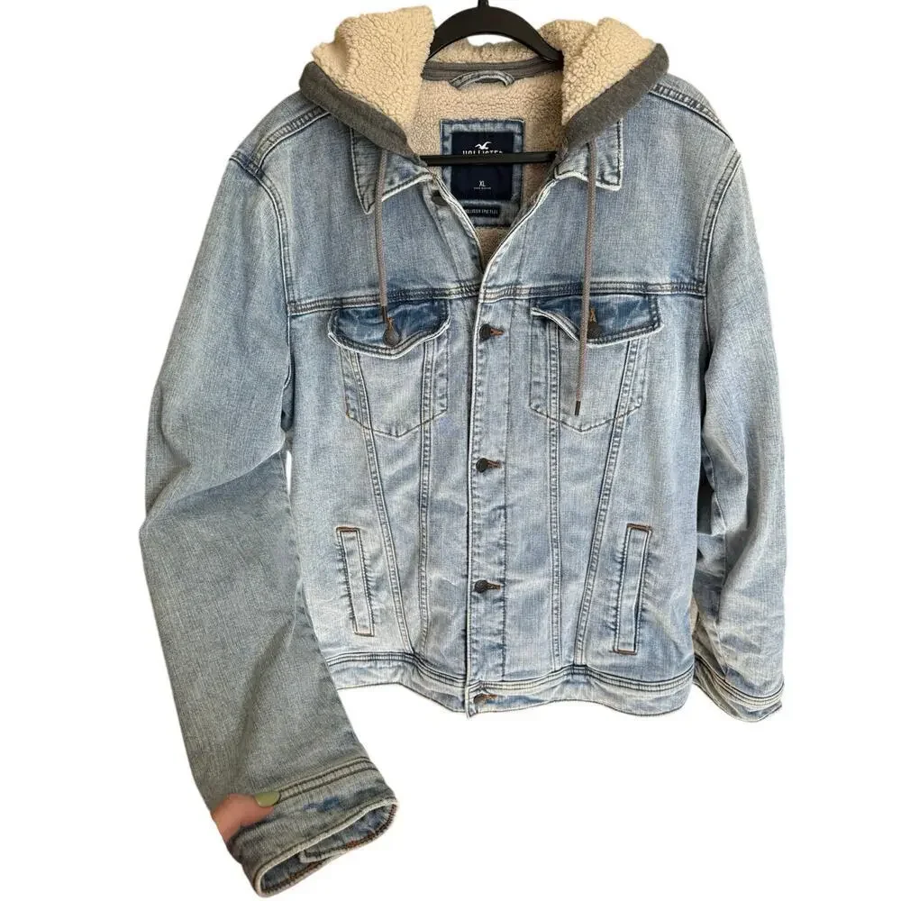 Hollister Y2K Sherpa Lined Denim Jacket With Hoodie Men Size XL